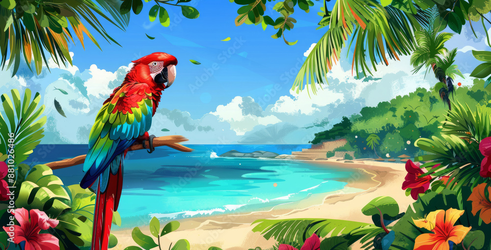 Fototapeta premium A colorful parrot perched on the branch of an exotic palm tree, 
