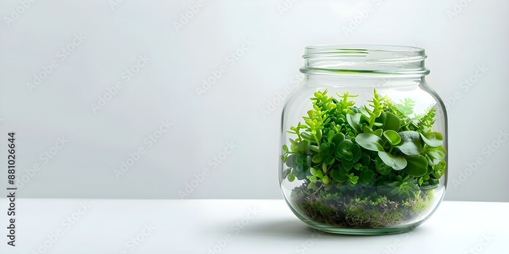 Indoor Greenery Decor Glass Jar Terrarium with Plants on White Background. Concept Indoor Greenery Decor, Glass Jar Terrarium, Plants, White Background Indoor Greenery Decor Glass Jar Terrarium with Plants on White Background. Concept Indoor Greenery Decor, Glass Jar Terrarium, Plants, White Background