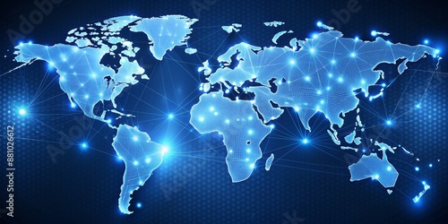 Fototapeta Naklejka Na Ścianę i Meble -  Global Network Connection - World Map with glowing lines and nodes, digital map, network technology, global connection, world map, digital, network