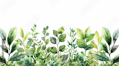 Wallpaper Mural Watercolor illustration of lush green leaves and branches arranged in a row against a white background. Torontodigital.ca