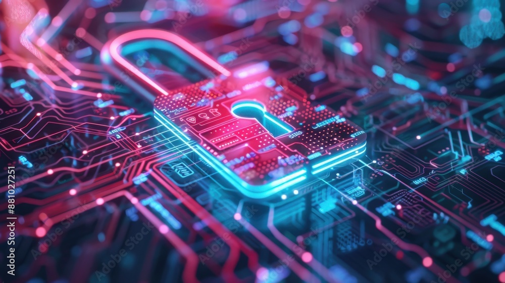 A neon sign with a keyhole. Concept of security and protection A neon sign with a keyhole. Concept of security and protection