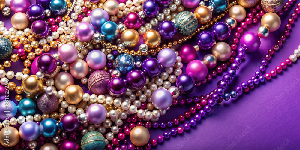 Vibrant beads and pearls overflow from delicate necklaces and bracelets, scattered across a rich purple background, surrounded by ample copyspace for text or design elements. Vibrant beads and pearls overflow from delicate necklaces and bracelets, scattered across a rich purple background, surrounded by ample copyspace for text or design elements.