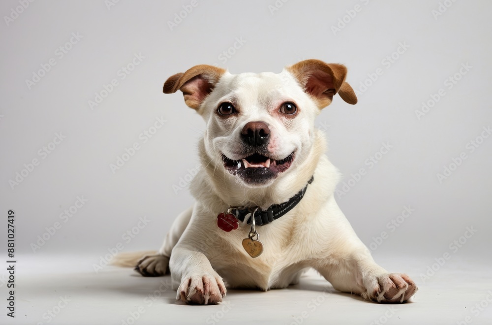 Fototapeta premium Smiling white dog with brown ears lying down on gray background