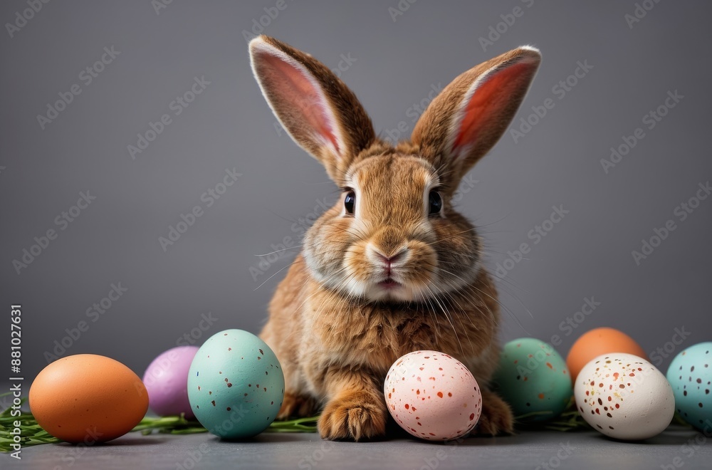 Easter brown bunny with long ears and colorful eggs Easter brown bunny with long ears and colorful eggs