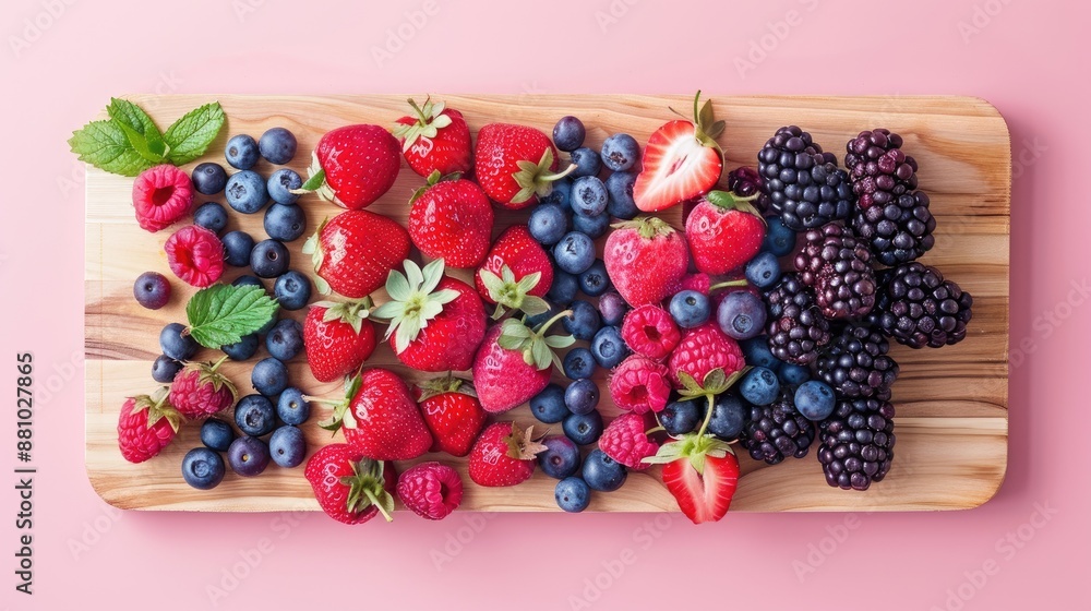 Fresh berries assortment on cutting board with pink backdrop Fresh berries assortment on cutting board with pink backdrop