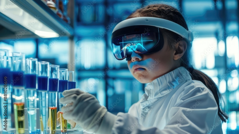 Child with augmented reality glasses observing test tube reactions, futuristic lab Child with augmented reality glasses observing test tube reactions, futuristic lab