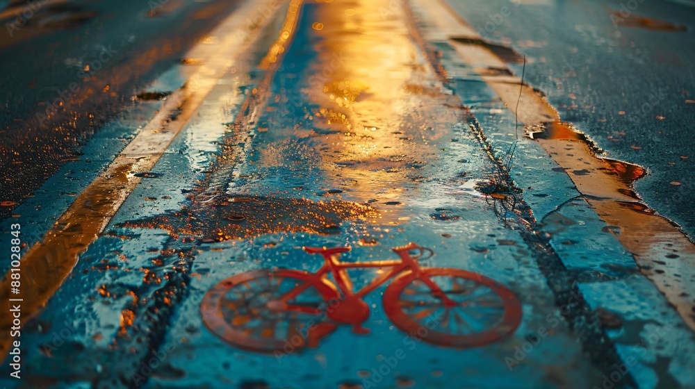 Wet Bicycle Lane Reflecting Golden Sunset Wet Bicycle Lane Reflecting Golden Sunset