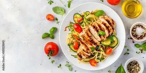 Ready to Serve Chicken Zoodle Spaghetti Plate. Concept Chicken zoodle spaghetti with a side of garlic bread and salad