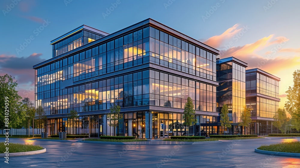 Obraz premium Tall Glass Office Building at Dusk in 8K Resolution with Sabattier Effect