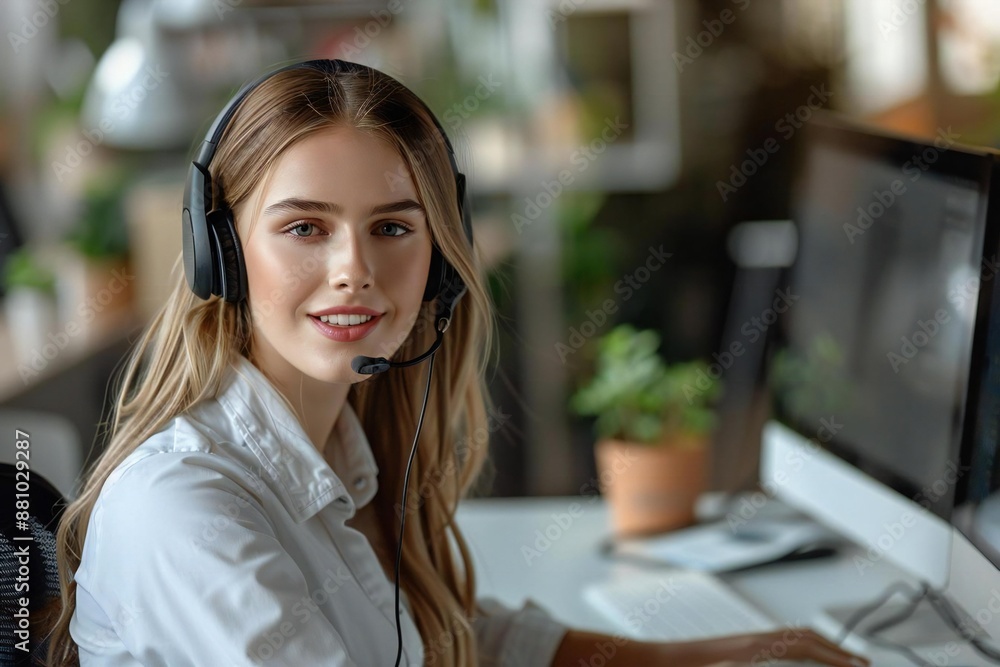 Portrait of a confident young businesswoman wearing a headset at a computer desk in a call center office. Portrait of a confident young businesswoman wearing a headset at a computer desk in a call center office.
