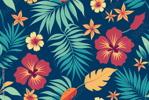 Seamless pattern with tropical leaves and hibiscus flowers