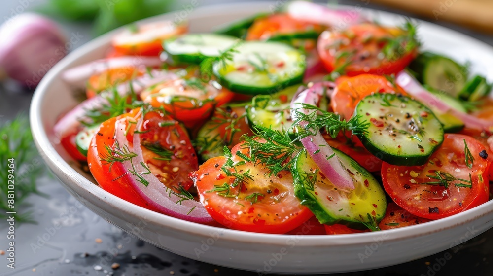 Fresh Cucumber and Tomato Salad with Red Onion and Dill in White Bowl High Detail Fresh Cucumber and Tomato Salad with Red Onion and Dill in White Bowl High Detail