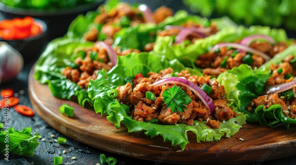 Fresh Turkey Lettuce Wraps with Julienne Vegetables and Soy-Ginger Sauce Vibrant Clean Background Fresh Turkey Lettuce Wraps with Julienne Vegetables and Soy-Ginger Sauce Vibrant Clean Background