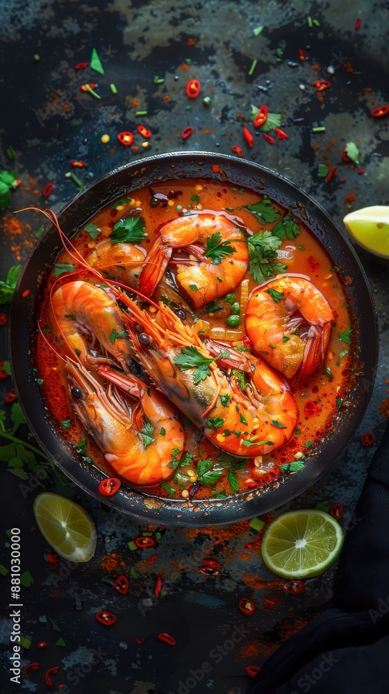 Gourmet Shrimp Dish in Spicy Tomato Sauce with Fresh Herbs and Lime Gourmet Shrimp Dish in Spicy Tomato Sauce with Fresh Herbs and Lime