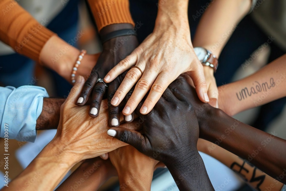 close-up shot of businesspeople with diverse backgrounds stacking their hands together in a sign of unity and teamwork in an office setting. close-up shot of businesspeople with diverse backgrounds stacking their hands together in a sign of unity and teamwork in an office setting.
