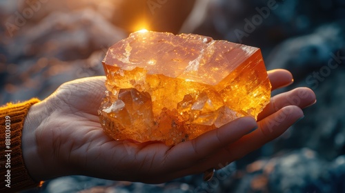 Hand holding a glowing amber crystal with sunlight reflecting off it, symbolizing natural beauty, energy, and connection with nature.