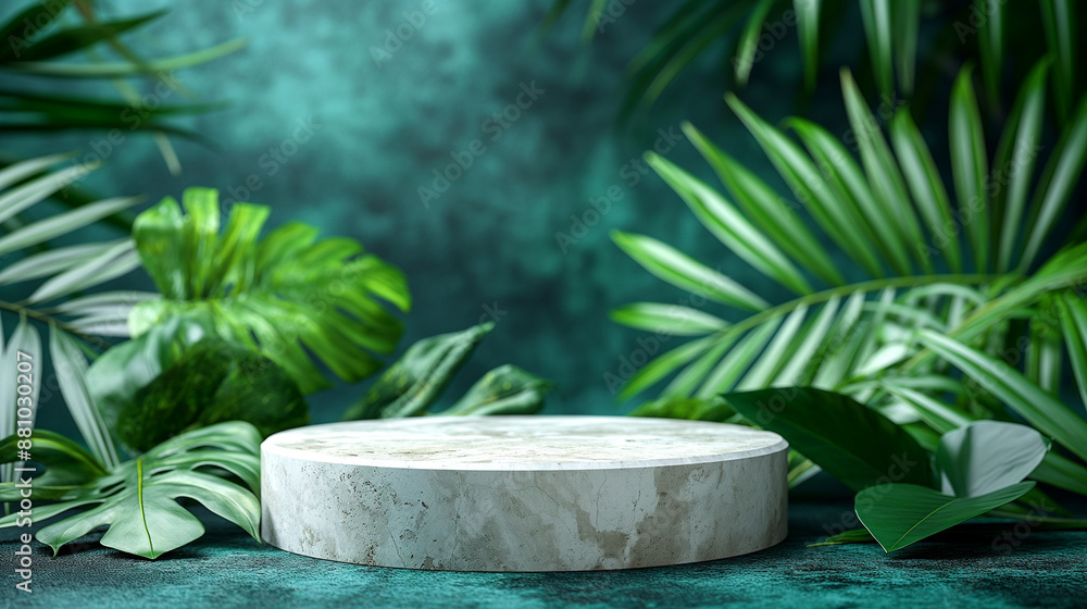 Natural Stone and Concrete Podium with Green Background for Product Presentation Natural Stone and Concrete Podium with Green Background for Product Presentation