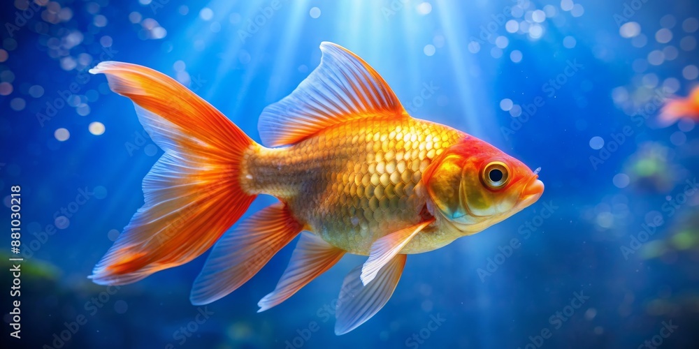 Fototapeta premium Goldfish in a Blue Water Tank, Single Fish with Orange Fins, Close Up of Eye and Scales, Underwater Photography, Fish, Aquarium, Goldfish