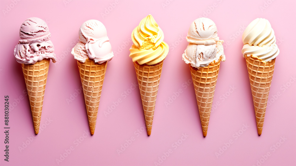 Five assorted flavors of cone ice cream Five assorted flavors of cone ice cream
