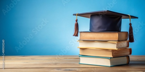 Graduation Cap on Stack of Books, Blue Background, Academic Achievement, Education, Knowledge, Learning , graduation