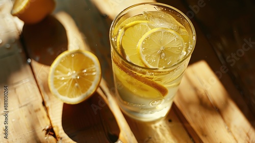 Closeup of lemonade on light brown table in summer