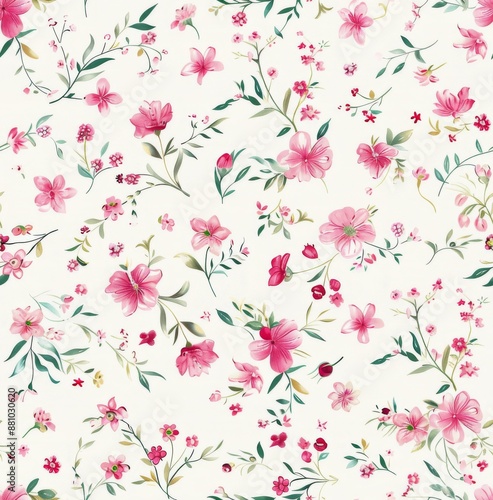 watercolour, pink and red flowers on a white background, green leaves, a small floral pattern
