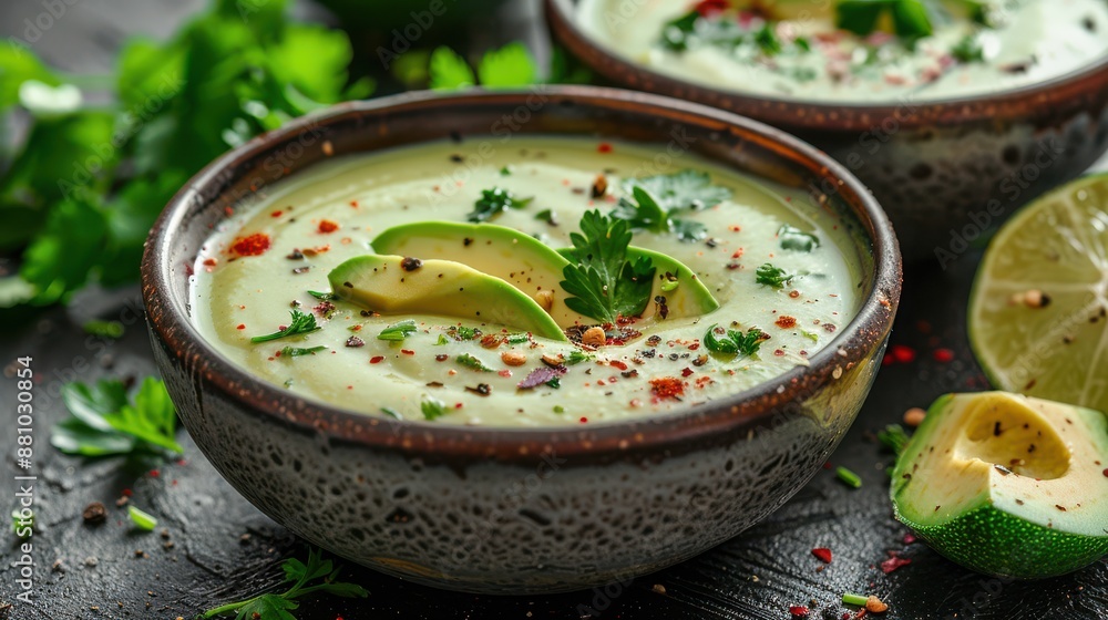 Cold Avocado Soup Garnished with Cilantro and Lime Juice in Rustic Setting Cold Avocado Soup Garnished with Cilantro and Lime Juice in Rustic Setting