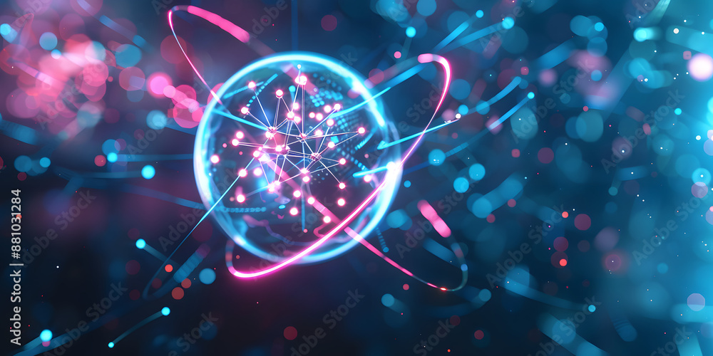 Estrutura atômica com linhas luminosas e partículas Estrutura atômica com linhas luminosas e partículas
