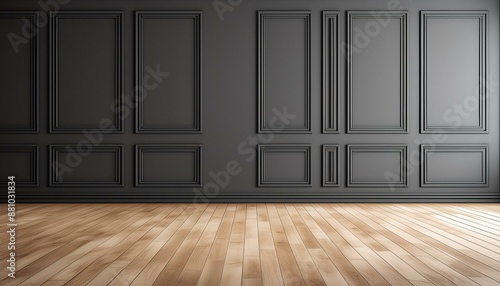 Black wall with classic style mouldings and wooden floor, empty room interior, 3d render  © bump alpha
