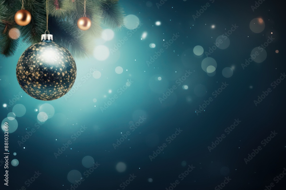 Photo with copy space. Christmas background with fir tree and festive decoration on blue background. Photo with copy space. Christmas background with fir tree and festive decoration on blue background.