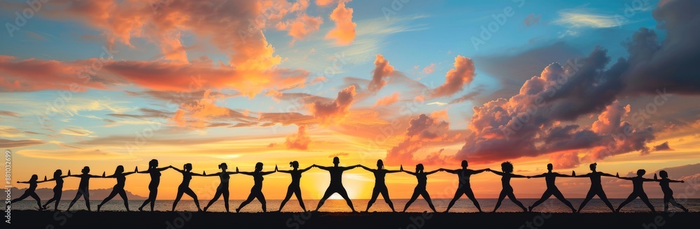 This is a photograph of a group of happy business people holding their hands high in the air while gazing at the beautiful sunset skies in the evening for company success. This is a photograph of a group of happy business people holding their hands high in the air while gazing at the beautiful sunset skies in the evening for company success.
