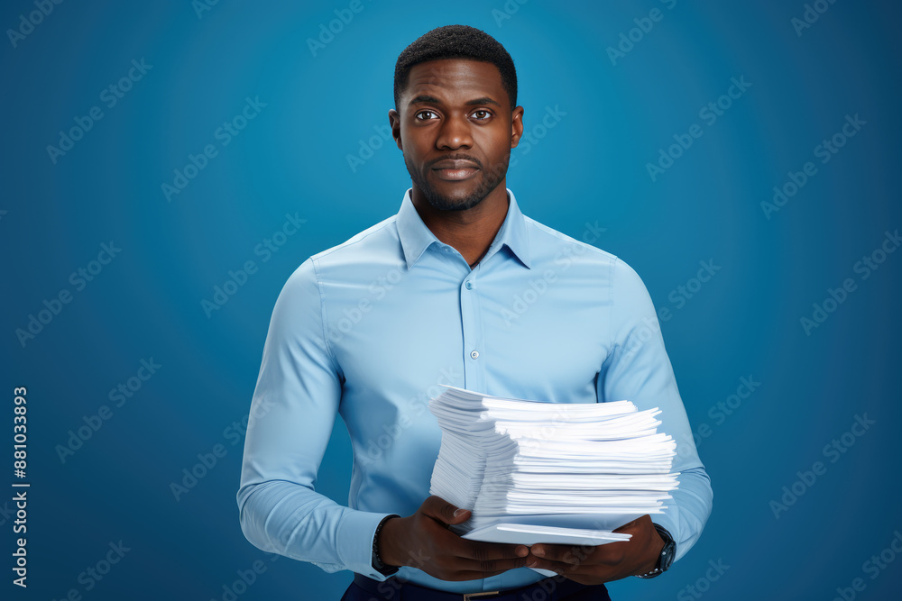 Serious young businessman holding stack of documents on blue background Serious young businessman holding stack of documents on blue background