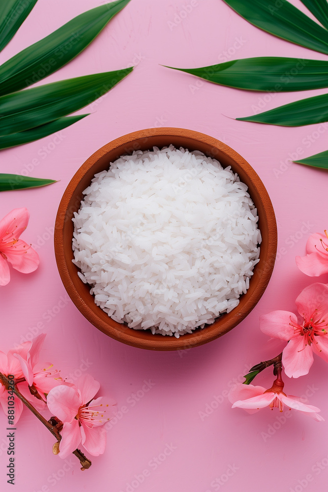 Bowl of Rice with Pink Flowers and Green Leaves Bowl of Rice with Pink Flowers and Green Leaves
