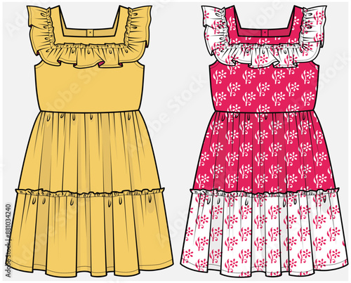 FRILL SLEEVELESS TIERED DRESS WITH SQUARE NECKLINE DETAIL DESIGNED FOR TEEN AND KID GIRLS IN VECTOR FILE