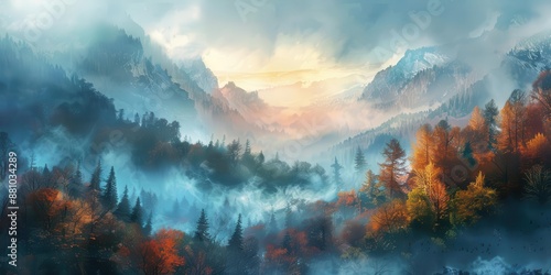 An enchanting depiction of a foggy mountain landscape at dawn © Suphakorn