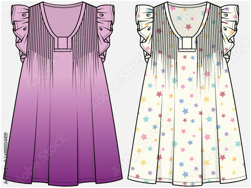FRILL SLEEVE SUN DRESS WITH PINTUCKS AND V NECKLINE DETAIL DESIGNED FOR TEEN AND KID GIRLS IN VECTOR FILE