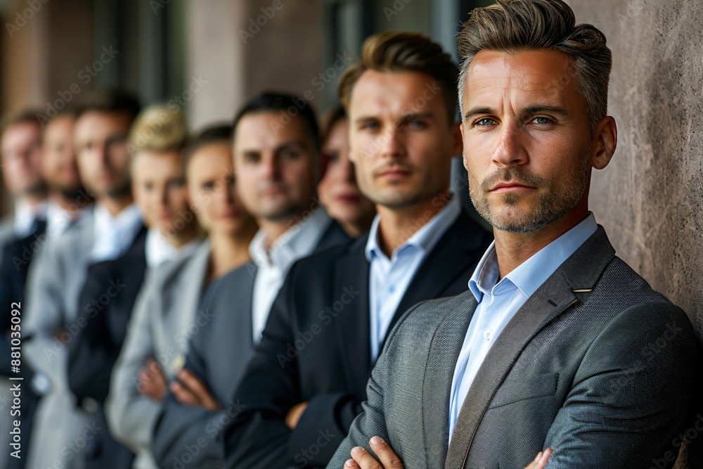 Professional Team Standing in a Line with Focused Expressions Professional Team Standing in a Line with Focused Expressions