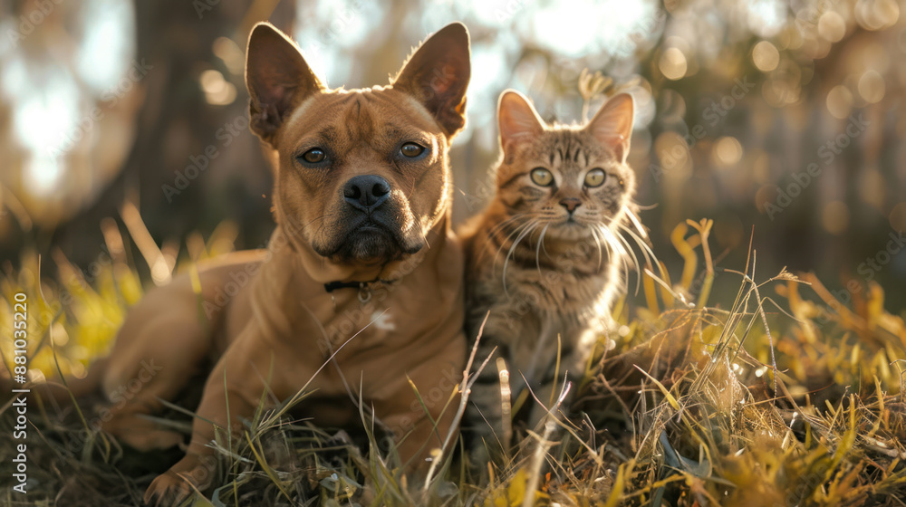 Dog and Cat Companionship in Nature - A photorealistic image of a dog and cat lying together in the grass, showcasing their bond and the beauty of nature. Dog and Cat Companionship in Nature - A photorealistic image of a dog and cat lying together in the grass, showcasing their bond and the beauty of nature.