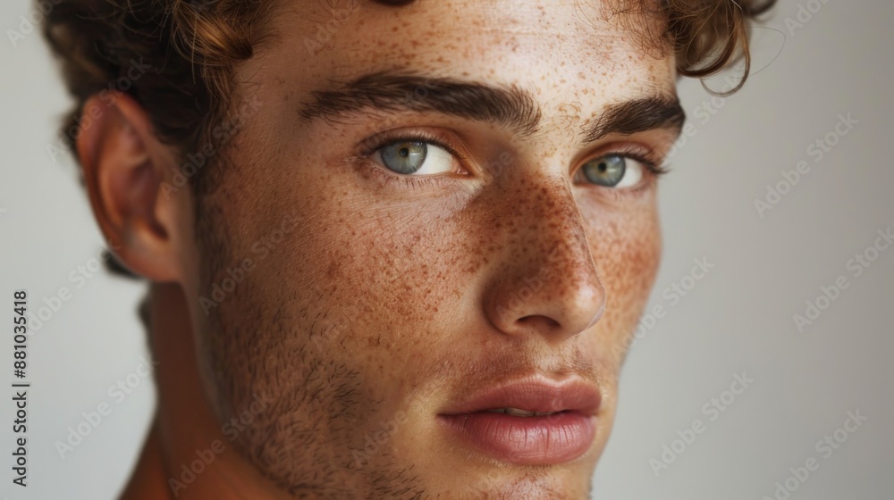 Fototapeta premium A young man with curly brown hair and blue eyes looks directly at the camera. His face is covered in freckles.