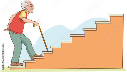 vector illustration of old man holding a cane, standing on the first step of the stairs, holding the banister, trying to go up, isolated on white. Health care, safety elderly.