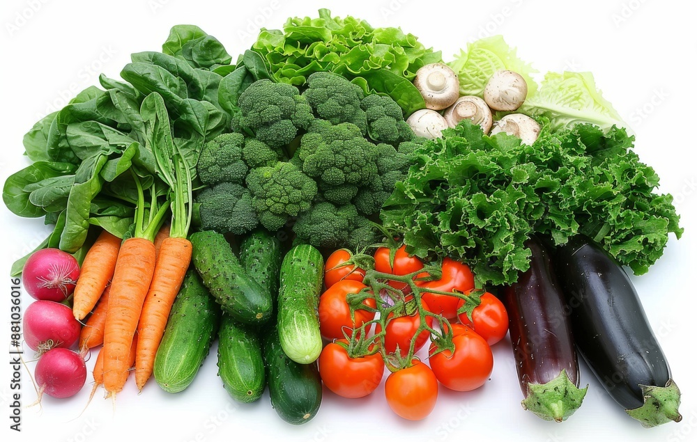variety of fresh vegetables, including carrots and tomatoes, arranged neatly on white background variety of fresh vegetables, including carrots and tomatoes, arranged neatly on white background