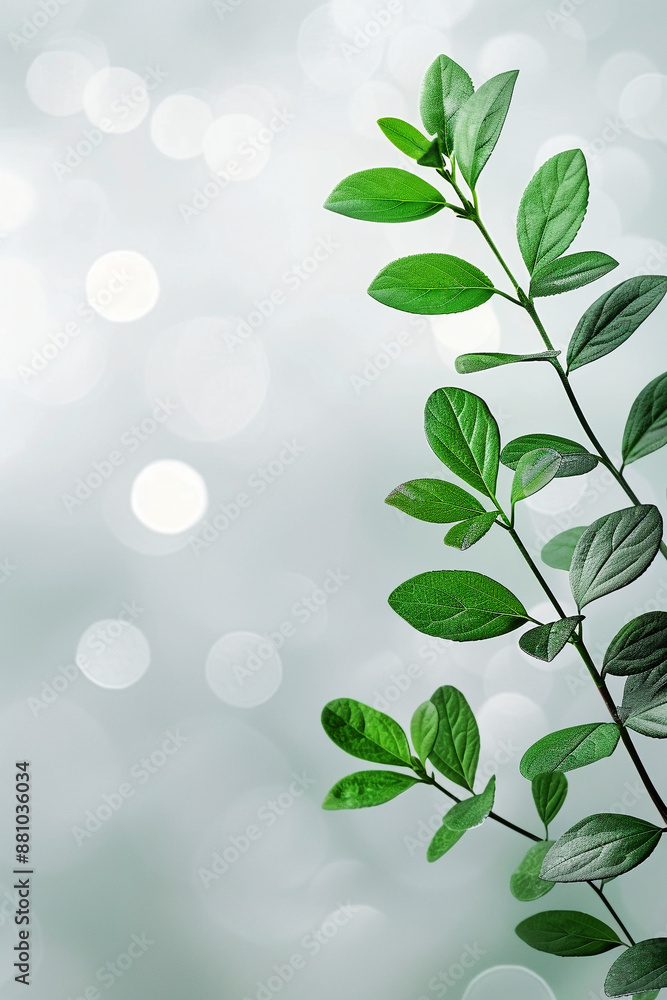 Obraz premium Green leaves on a branch against a soft, blurred background. Concept of nature, freshness, and new growth.