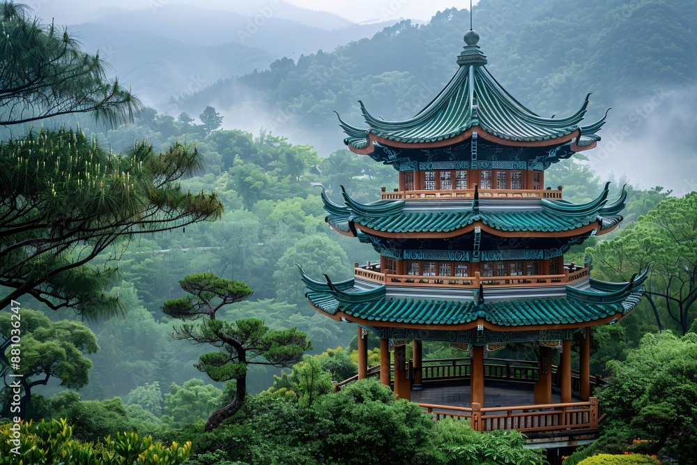 Serene Pagoda Amidst Lush Greenery and Misty Mountains Serene Pagoda Amidst Lush Greenery and Misty Mountains