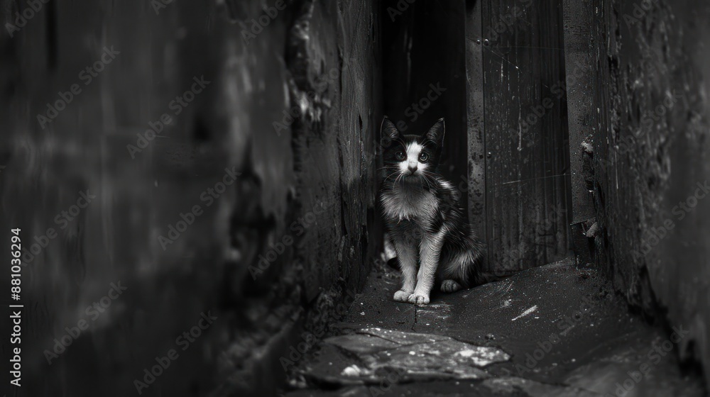 Obraz premium Stray Kitten in an Urban Alley - A black and white photo of a stray kitten sitting alone in a narrow urban alley, capturing the essence of urban solitude and resilience.