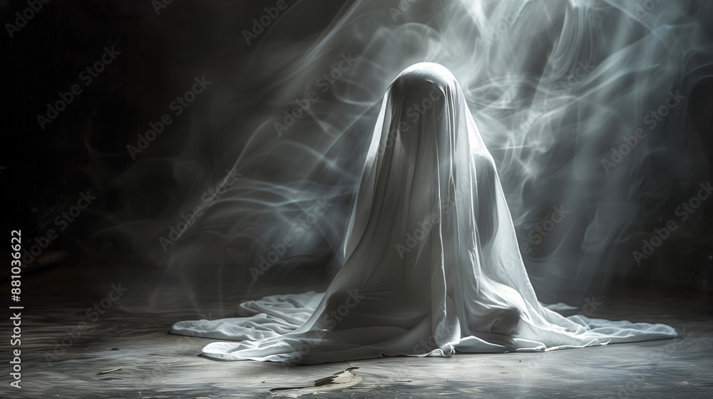 A person is wrapped in a white sheet and is sitting on the ground. Halloween Theme A person is wrapped in a white sheet and is sitting on the ground. Halloween Theme