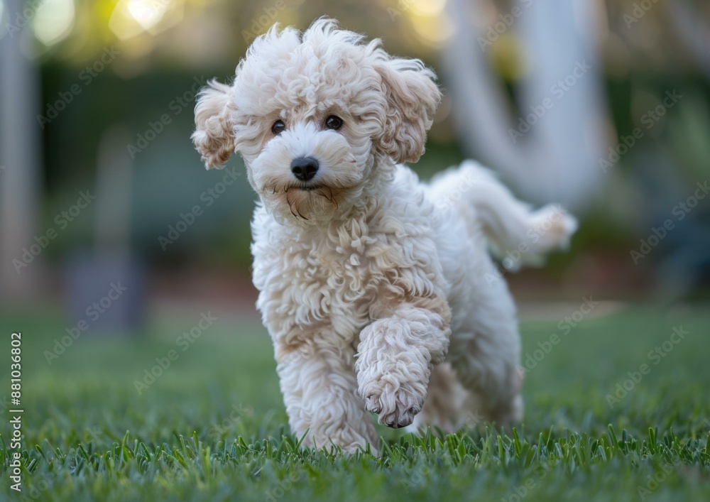 A cute white toy poodle puppy is running on the grass. AI. A cute white toy poodle puppy is running on the grass. AI.