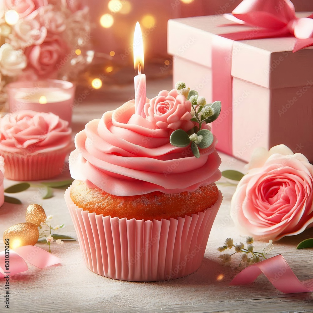 Celebratory Cupcake: Pink Frosted Delight with Single Candle Celebratory Cupcake: Pink Frosted Delight with Single Candle