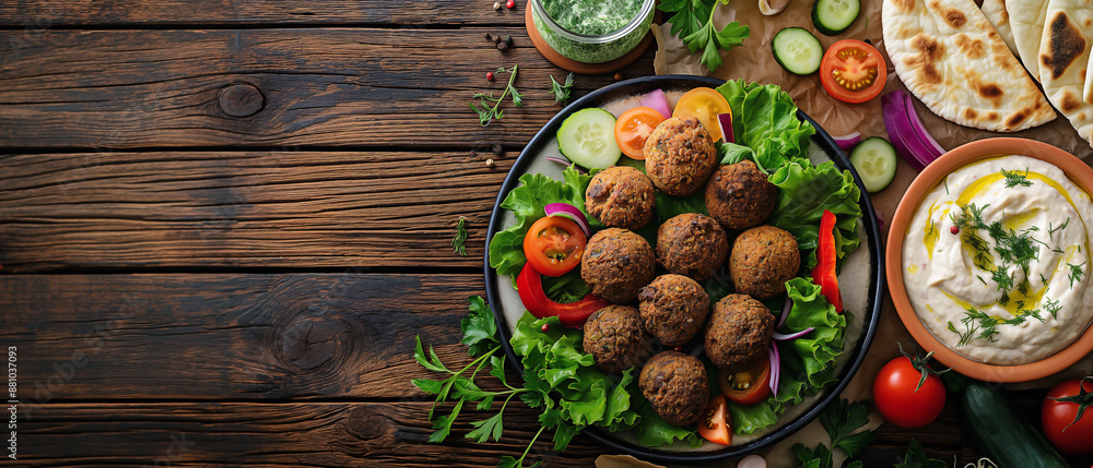 a top-down view image featuring a dish of falafels on a rustic wooden table a top-down view image featuring a dish of falafels on a rustic wooden table