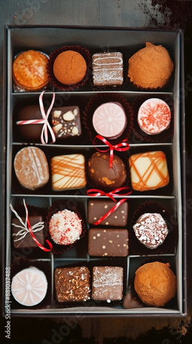 Set of assorted handmade chocolate bars with nuts, dried berries and marmalade over dark brown background. Close up view, selective focus. Dark, milk and white chocolate