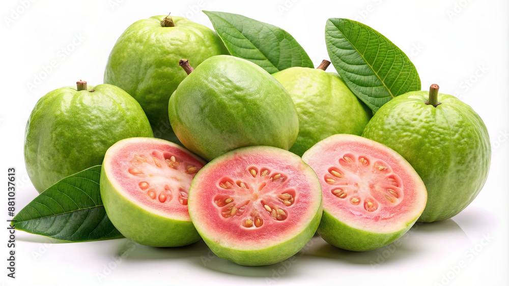 A group of ripe green guava fruit with leaves on a white background. Some of the guava have been cut in half to show the pink flesh A group of ripe green guava fruit with leaves on a white background. Some of the guava have been cut in half to show the pink flesh